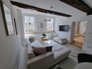 ein Wohnzimmer mit einem Sofa und einem TV in der Unterkunft Lüneburg Zentral in Lüneburg