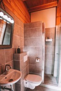 een badkamer met een douche, een toilet en een wastafel bij CRASH'NSTAY - The Silo Bungalow in Sprang-Capelle