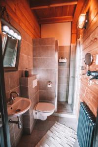 een badkamer met een douche, een toilet en een wastafel bij CRASH'NSTAY - The Silo Bungalow in Sprang-Capelle