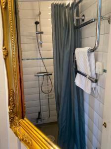 a bathroom with a shower curtain and a mirror at Villa Sol B&B and Hostel in Borgholm
