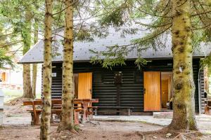 a log cabin with a picnic bench in front of it at Chalet Liza & Rozi in Zgornja Ložnica