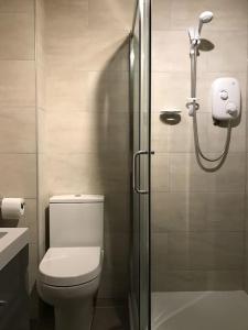 e bagno con doccia, servizi igienici e lavandino. di Bright Oxford Apartment a Oxford