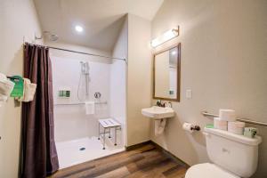 a bathroom with a toilet and a shower and a sink at The Ridgeline Hotel at Yellowstone, Ascend Hotel Collection in Gardiner