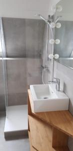 a bathroom with a white sink and a shower at Mecklenburgische Seenplatte - Saniertes und gemütliches Ferienhaus mit großem Garten und Steg in Großzerlang