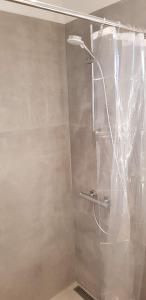 a shower with a glass door in a bathroom at Mecklenburgische Seenplatte - FH mit optionalem Steg und Ruderboot in Großzerlang