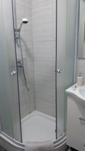 een douche met een glazen deur naast een wastafel bij Apartmani Milosevic in Herceg-Novi