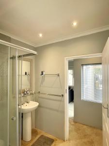ein Bad mit einem Waschbecken und einer Dusche in der Unterkunft Alon Cottage in Johannesburg