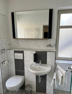 La salle de bains est pourvue d'un lavabo, de toilettes et d'un miroir. dans l'établissement Hotel Villa am Paradies, à Iéna