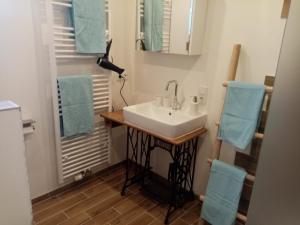 a bathroom with a sink and blue towels at Gästehaus Am Hilkenberg OG in Husen