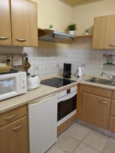 a kitchen with a microwave and a stove top oven at Ferienwohnung Bruss in Saarlouis