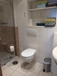 a white bathroom with a toilet and a shower at Ferienwohnung Bruss in Saarlouis