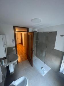 a bathroom with a shower and a sink at Hotel Riposo in San Pellegrino Terme