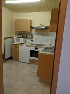 a small kitchen with a sink and a microwave at Ferienwohnung Bruss in Saarlouis