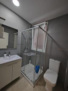 uma casa de banho com um chuveiro, um WC e um lavatório. em Apartamento Manuel Becerra em Madrid