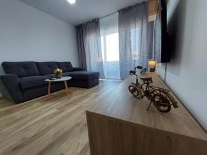ein Wohnzimmer mit Sofa und Fahrrad auf dem Boden in der Unterkunft Apartment Altipiani Panoramic Silver in Braşov