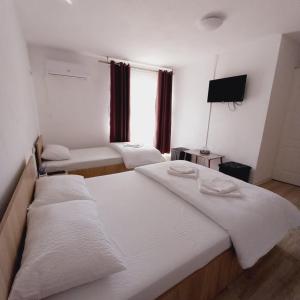 a hotel room with two beds and a television at Casa Alexia in Pescari