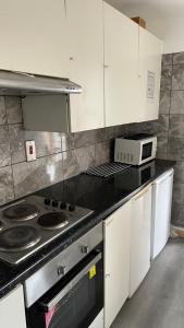 a kitchen with a stove and a counter top at Aaby House in London in Croydon