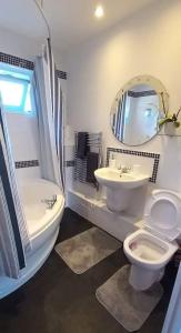 ein Badezimmer mit einem Waschbecken, einem WC und einem Spiegel in der Unterkunft Peaceful 4 bedroom house with free parking in Frimley