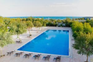 una vista aérea de una piscina con sillas y árboles en Sapphire Marine, en Baku