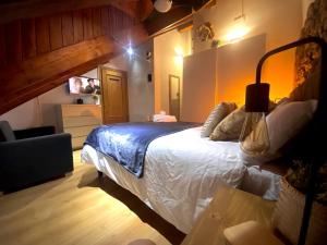 ein Schlafzimmer mit einem großen Bett und einem TV in der Unterkunft CAL DOMÈNEC - Dúplex lujo en Rialp ( Se admiten mascotas) in Rialp