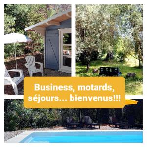 a collage of photos of a backyard with a pool at Chalet Le Petit olivier , gite l Echapée Belle Aubenas in Aubenas