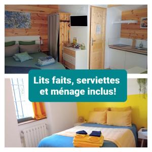 オーブナにあるChalet "Le Petit olivier" gîtes appart 'hôtel L'ÉCHAPPÉE BELLE D'AUBENAS Logement 2 sur 3のベッドとキッチン付きの小さな部屋