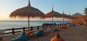 een rij stoelen en rieten parasols op een strand bij Guest House Blue Andaman in Phra Ae beach