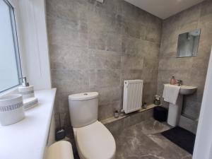 a bathroom with a toilet and a sink at Beautiful 4 bedroom house near town centre. With Bike Store Perfect for Bike Park Wales in Merthyr Tydfil +14 photos
