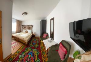 a living room with a television and a bed at Pensiunea Casa Bianca - Bucovina in Vama