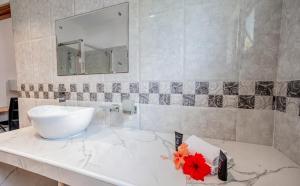 a bathroom with a white sink and a mirror at The Cove Holiday Apartment in Bel Ombre +20 photos