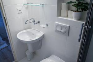 La salle de bains blanche est pourvue d'un lavabo et de toilettes. dans l'établissement Pokoje w Kuźnicy u Andrzeja, à Kuźnica