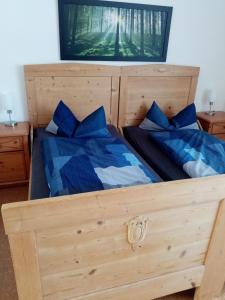 2 Betten mit blauen Kissen im Schlafzimmer in der Unterkunft Gästhaus Am Hilkenberg in Lichtenau