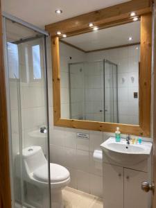 a bathroom with a toilet and a sink and a mirror at Hostal Maitencillo Norte in Maitencillo