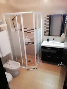 uma casa de banho com um chuveiro, um WC e um lavatório. em Caño de Hierro em Hornachuelos