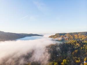 an overlook of a foggy valley with trees and a lake at Penzion Jizera Malá Skála in Malá Skála