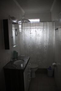 y baño con lavabo, aseo y cortina de ducha. en Apartamento Erthal en Canela