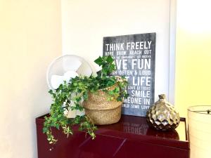 a sign on top of a shelf with a plant at Scandinavian Desing Home 37 City Center in Kamppi in Helsinki