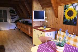 a living room with a desk with a television on it at Reetdachhaus in Quilitz auf Usedom in Quilitz