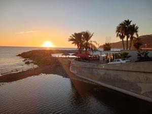 a sunset over a beach with palm trees and the ocean at Recanto da Madeira. in Ribeira Brava