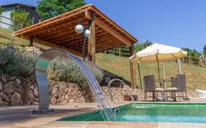 a fountain in a pool with a table and an umbrella at Garden House Pousada, Boutique & Spa in São Roque