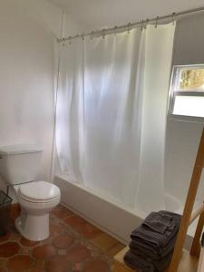 a bathroom with a white shower curtain and a toilet at Miami guest house with large pool in Miami +9 photos