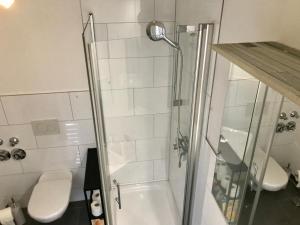 y baño con ducha, aseo y lavamanos. en The Vorbner Inn en Düsseldorf