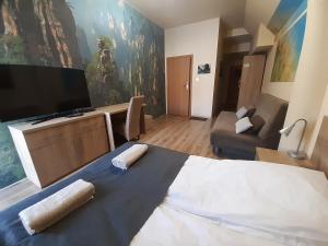 a hotel room with a bed and a flat screen tv at Pokoje Za Kinem in Duszniki Zdrój