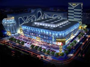 una rappresentazione dello stadio proposto di notte di Shenzhen Baoan PLUS Gems Cube Hotel a Bao'an