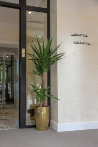 a plant in a gold pot in front of a building at Garni hotel BARUT in Šabac