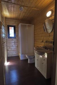 a small bathroom with a toilet and a sink at Cozy House with Private Pool (Lago) in Arenas