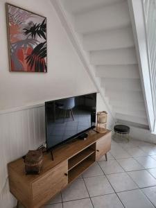 a living room with a television on a wooden dresser at Gîte Animals King'Dôme 8min du Zoo de Beauval in Noyers-sur-Cher +38 photos