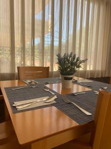 a wooden table with a potted plant on top of it at Hotel Vent de Mar in Puerto de Sagunto