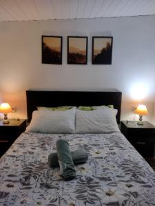 1 dormitorio con 1 cama con 3 cuadros en la pared en Pousada Petry, en Gramado