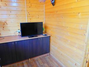 TV de pantalla plana en la parte superior de una pared de madera en House with Private Pool (Piscis), en Arenas